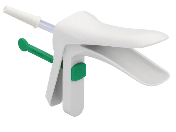 Spéculum vaginal avec conduit intérieur pour  l’évacuation des fumées et blocage à levier central